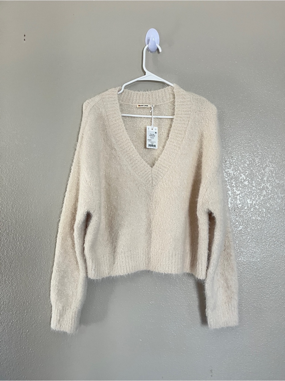 NWT Marine Layer Cream V-Neck Fuzzy Sweater - Picture 2 of 8